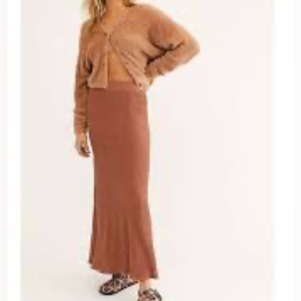 Free People Womens Shine BRIGHT RIBBED MAXI SWEATER SKIRT COCOA HEATHER s nwt